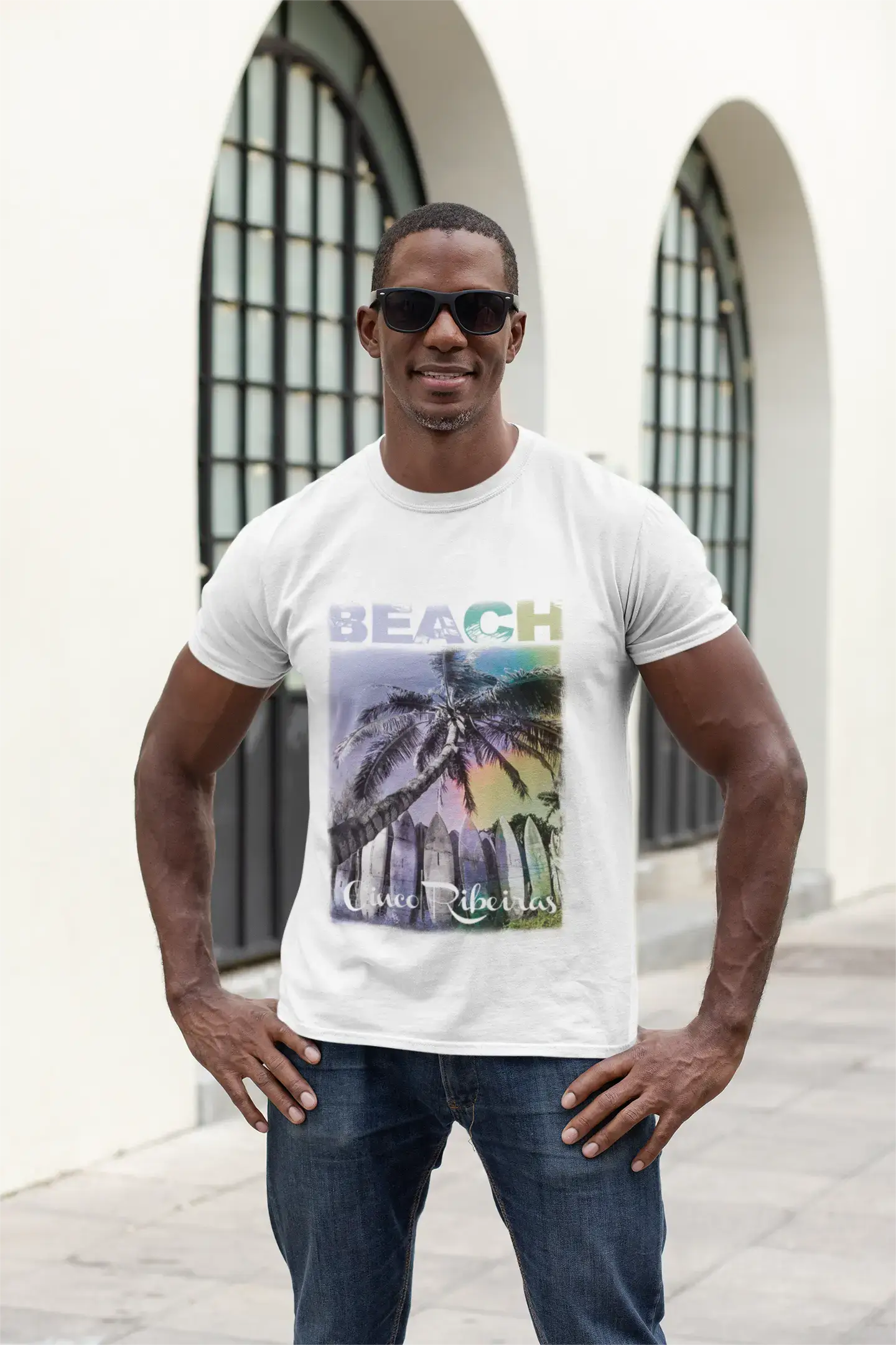 Cinco Ribeiras, Beach Palm, blanc, T-shirt à manches courtes et col rond pour homme