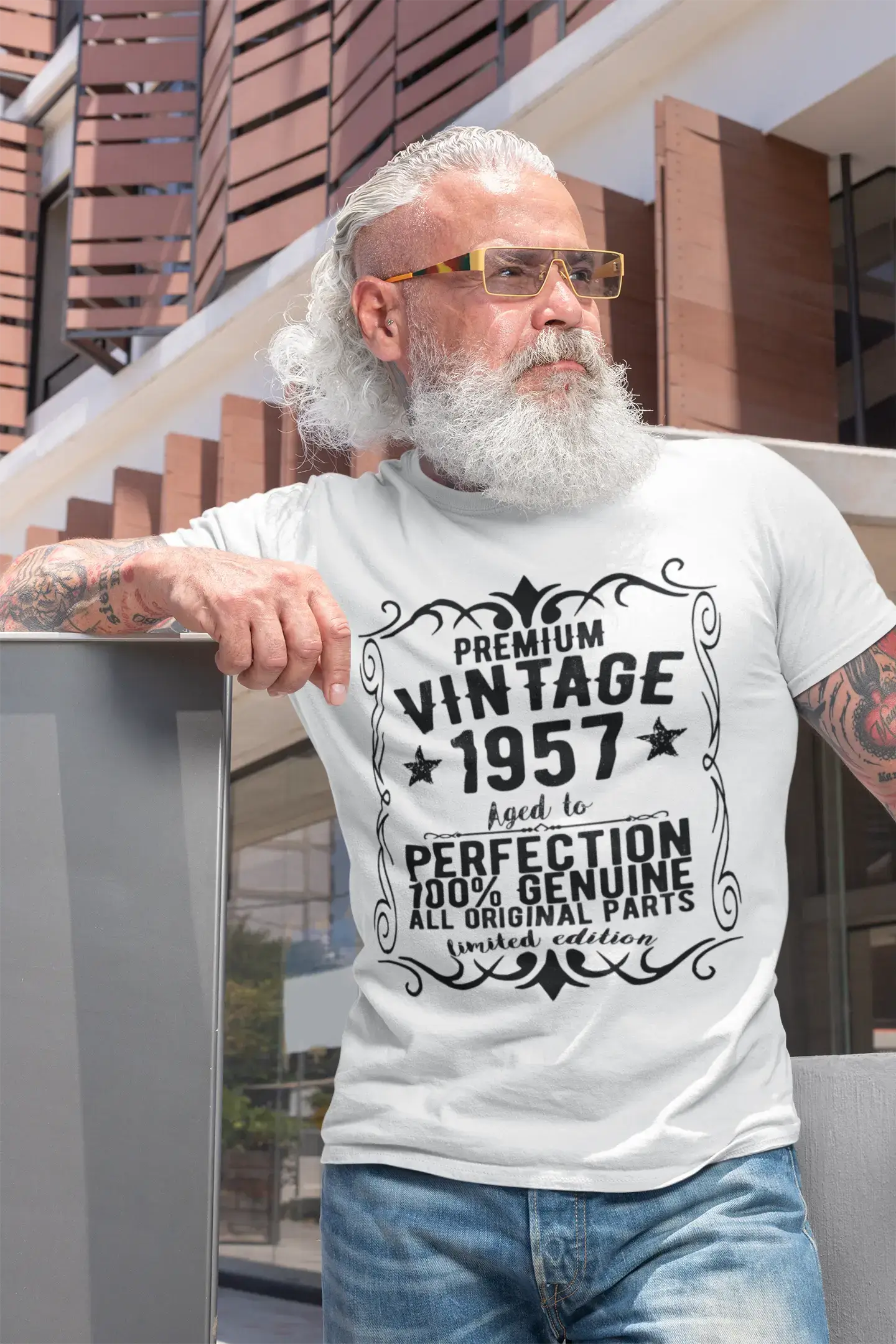 Premium Vintage Jahr 1957, Weiß, Kurzarm-Rundhals-T-Shirt für Herren, Geschenk-T-Shirt 00349