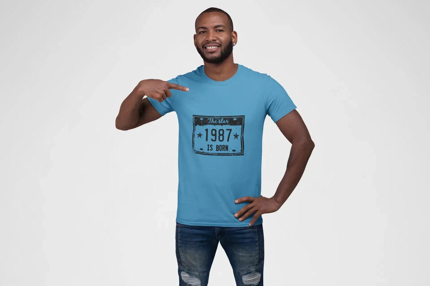 The Star 1987 is Born Herren T-Shirt Blau Geburtstagsgeschenk Rundhals 00455