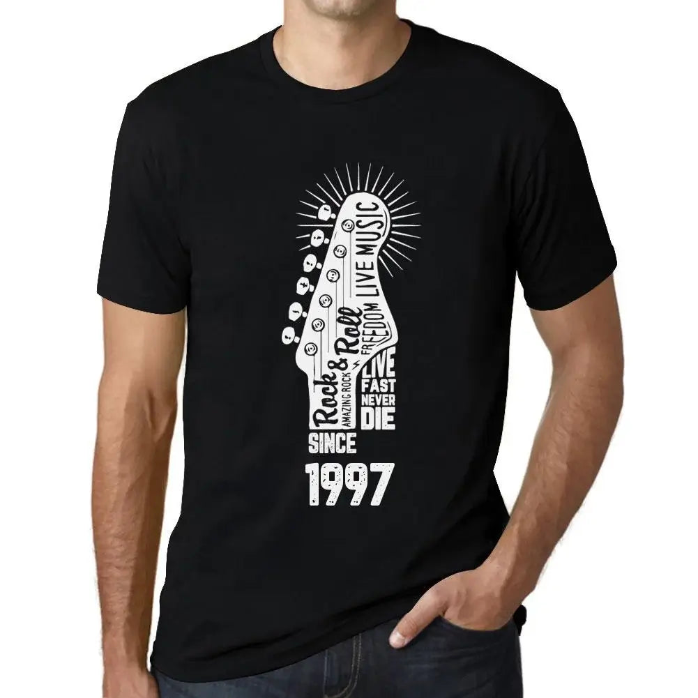 Men's Graphic T-Shirt Live Fast, Never Die Guitar and Rock & Roll Since 1997 27th Birthday Anniversary 27 Year Old Gift 1997 Vintage Eco-Friendly Short Sleeve Novelty Tee