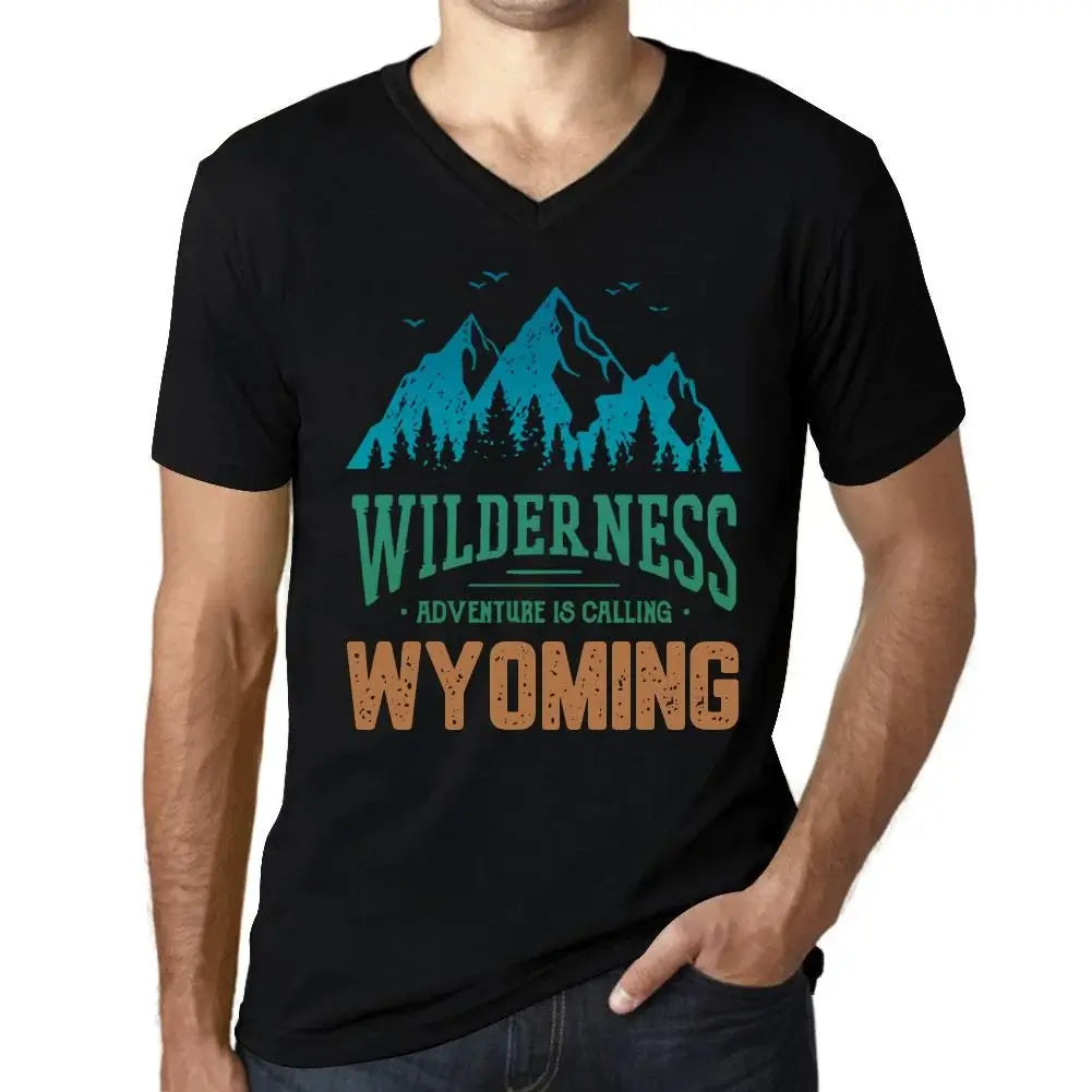 Men's Graphic T-Shirt V Neck Wilderness, Adventure Is Calling Wyoming Eco-Friendly Limited Edition Short Sleeve Tee-Shirt Vintage Birthday Gift Novelty