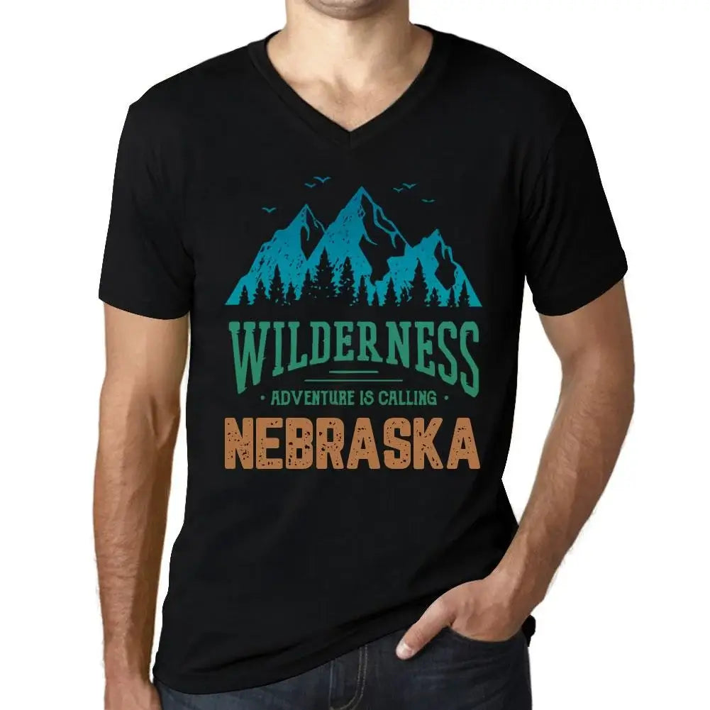Men's Graphic T-Shirt V Neck Wilderness, Adventure Is Calling Nebraska Eco-Friendly Limited Edition Short Sleeve Tee-Shirt Vintage Birthday Gift Novelty