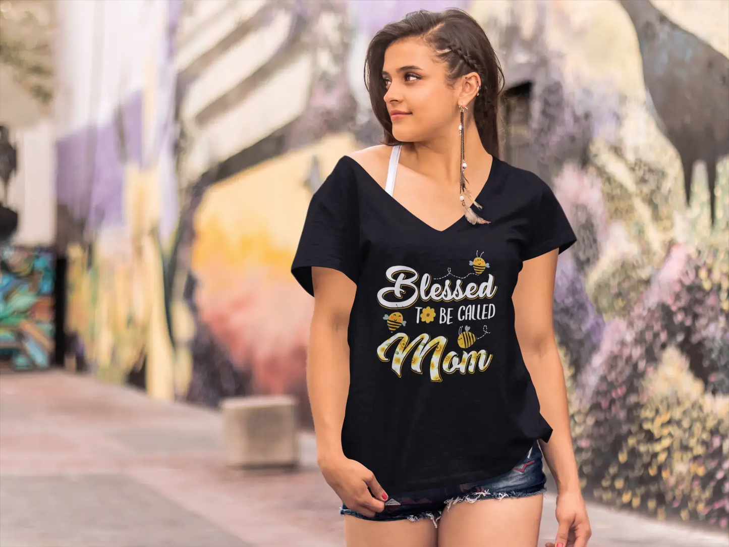 ULTRABASIC T-Shirt Col V Femme Béni d'être Appelé Maman - T-Shirt Mère