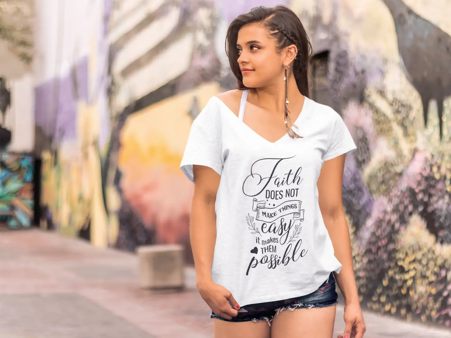 ULTRABASIC Damen-T-Shirt „Faith Does Not Make Things Easy“ – Kurzarm-T-Shirt-Oberteile