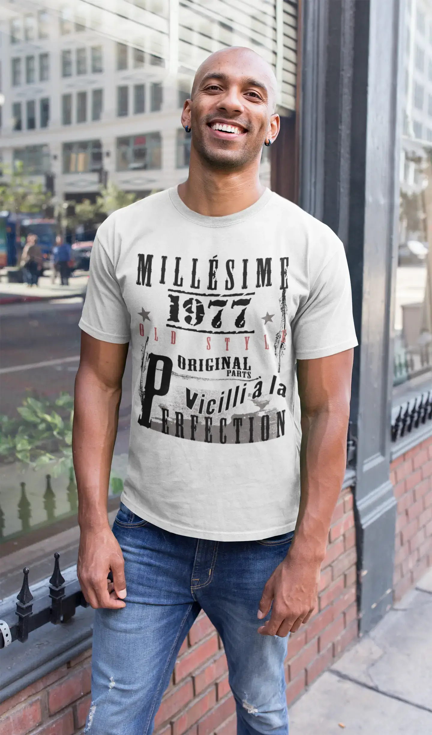 1977, Geburtstagsgeschenke für ihn, Geburtstags-T-Shirts, Herren-Kurzarm-Rundhals-T-Shirt, FR Vintage White Herren 00135
