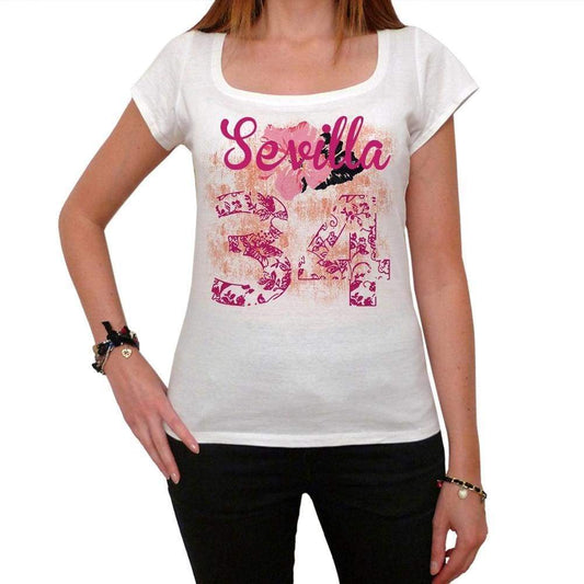 34 Sevilla City With Number Womens Short Sleeve Round White T-Shirt 00008 - Casual