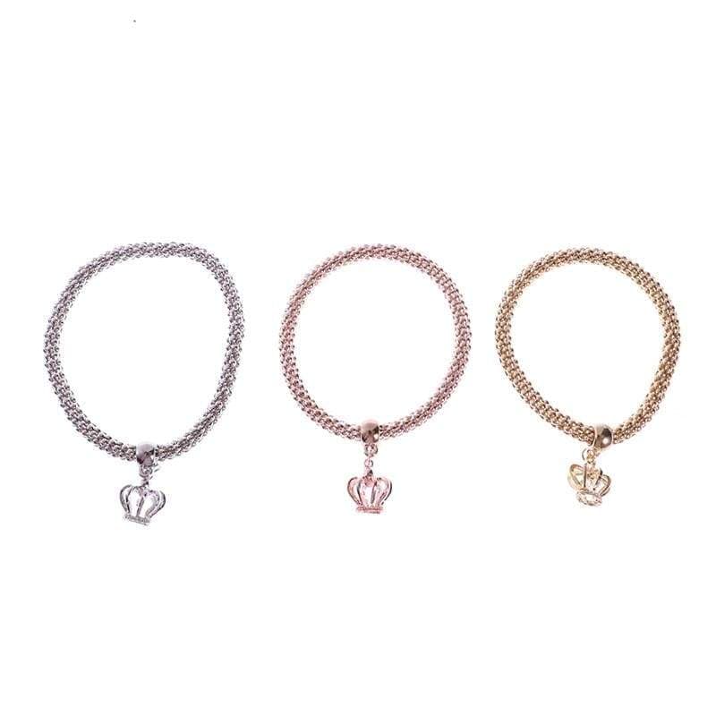 3PCS Women Bracelet Micro-inlay Elastic Popcorn Corn Chain Diamond Crown Pendants Alloy Tricolor Bracelet Set - Ultrabasic