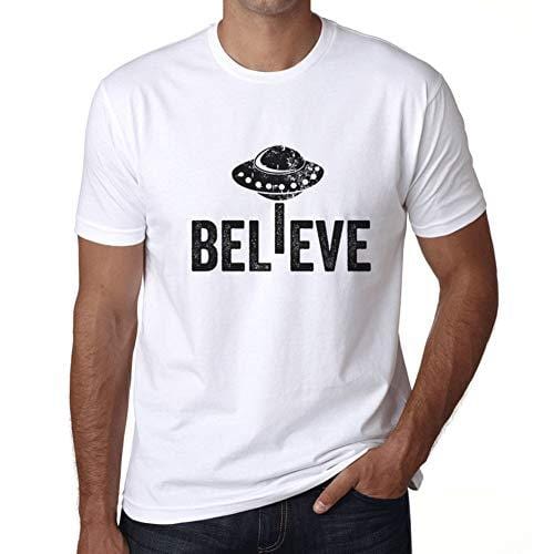 Ultrabasic - Homme Graphique Believe OVNI Extraterrestre T-Shirt Impression de Lettre Occasionnelle Drôle Blanco