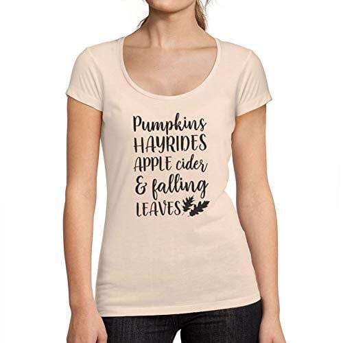 Ultrabasic - Tee-Shirt Femme col Rond Décolleté Pumpkins Hayrides Apple Cider and Falling Leaves Rose Crémeux