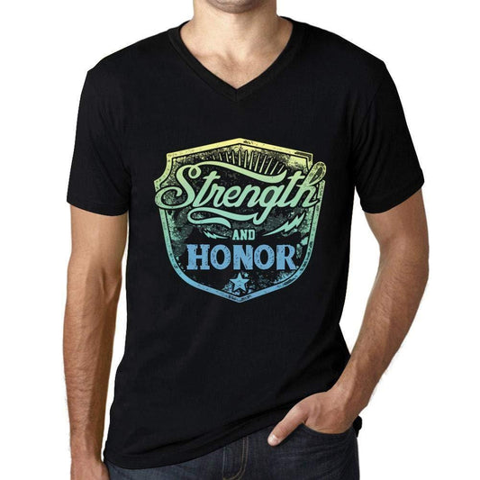 Herren T-Shirt Graphique Imprimé Vintage Col V Tee Strength and Honor Noir Profond