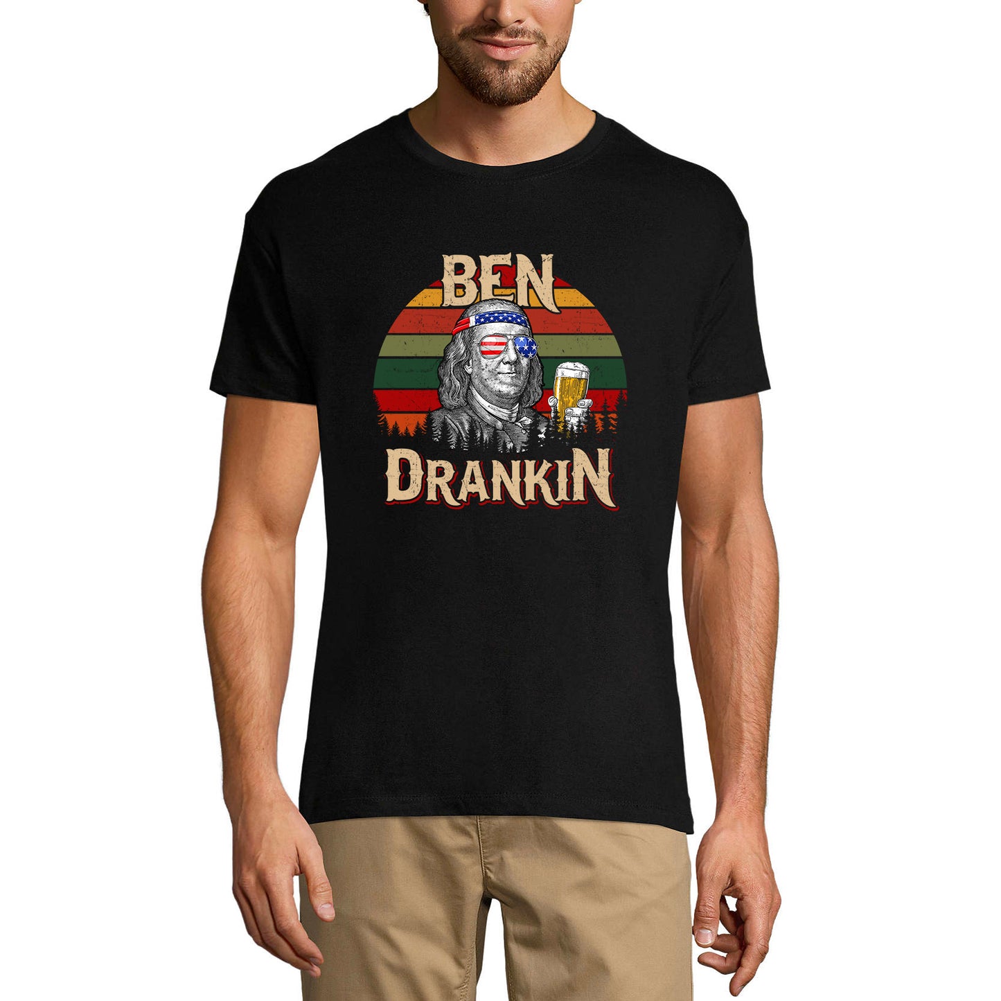 ULTRABASIC Herren T-Shirt Ben Drankin Amerikanische Flagge – Retro Sunset Beer Lover T-Shirt