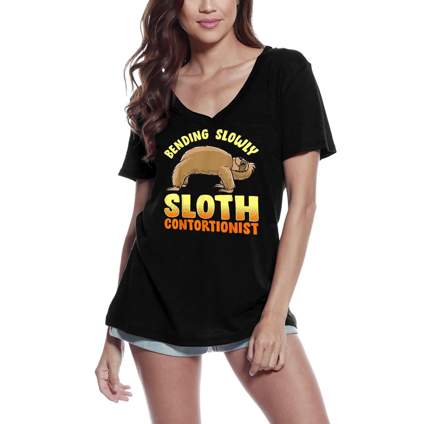 ULTRABASIC Women's V-Neck T-Shirt Bending Slowly Sloth Contortionist - Funny Spiritual Meditation Tee Shirt