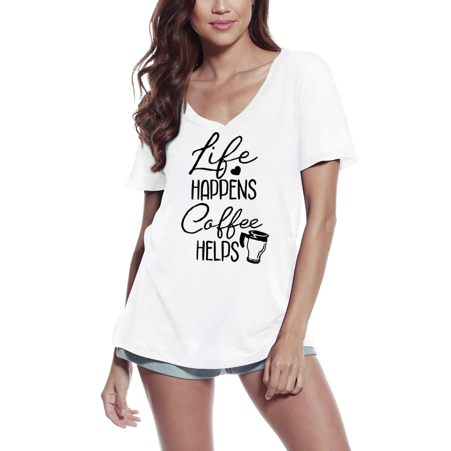 ULTRABASIC Damen T-Shirt Life Happens Coffee Helps – Kurzarm-T-Shirt-Oberteile