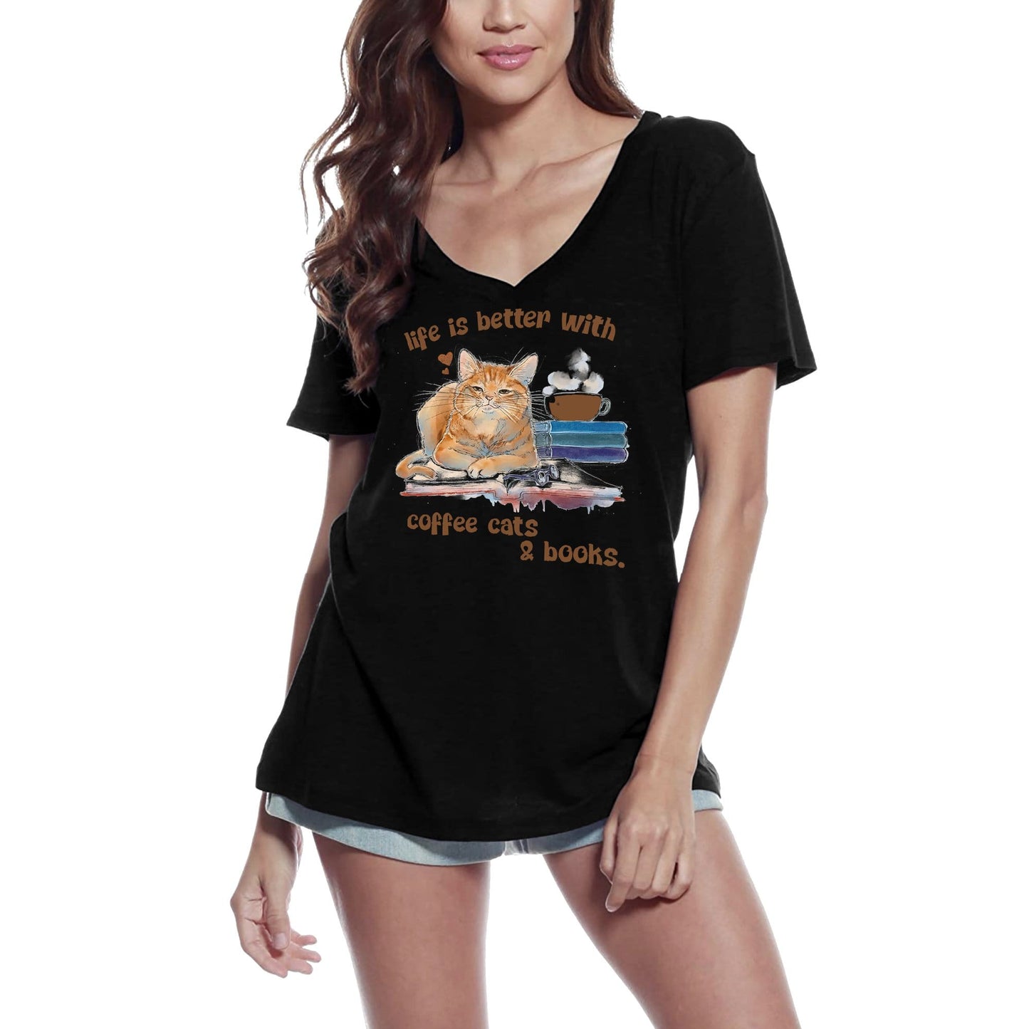 T-Shirt femme ULTRABASIC la vie est meilleure avec des chats et des livres de café-T-Shirt mignon à manches courtes