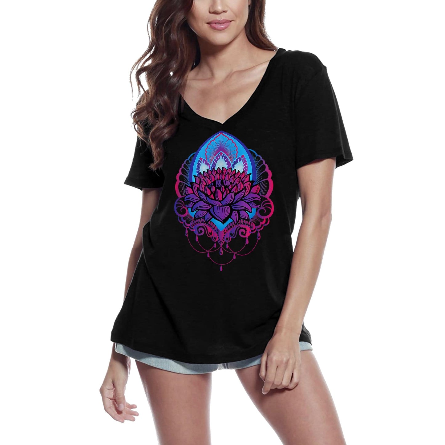 ULTRABASIC Damen-T-Shirt mit V-Ausschnitt, Lotusblume des Lebens – spirituelle Meditation, Yoga, Geschenk, T-Shirt