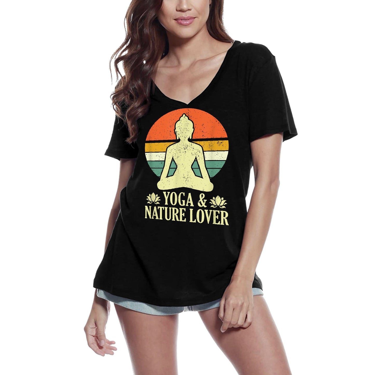 ULTRABASIC Femme Col en V Rétro Budha Yoga et Amoureux de la Nature - T-shirt drôle de Yoga Peace