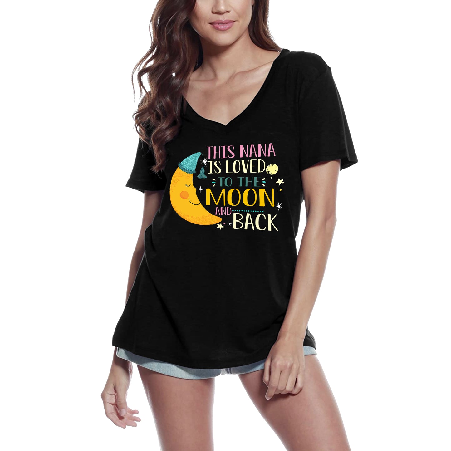 ULTRABASIC Damen-T-Shirt mit V-Ausschnitt „This Nana Is Loved To The Moon and Back“ – Lustiges Zitat