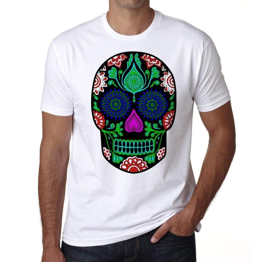 Day Of The Dead Skull Black Mens White Tee 100% Cotton 00187