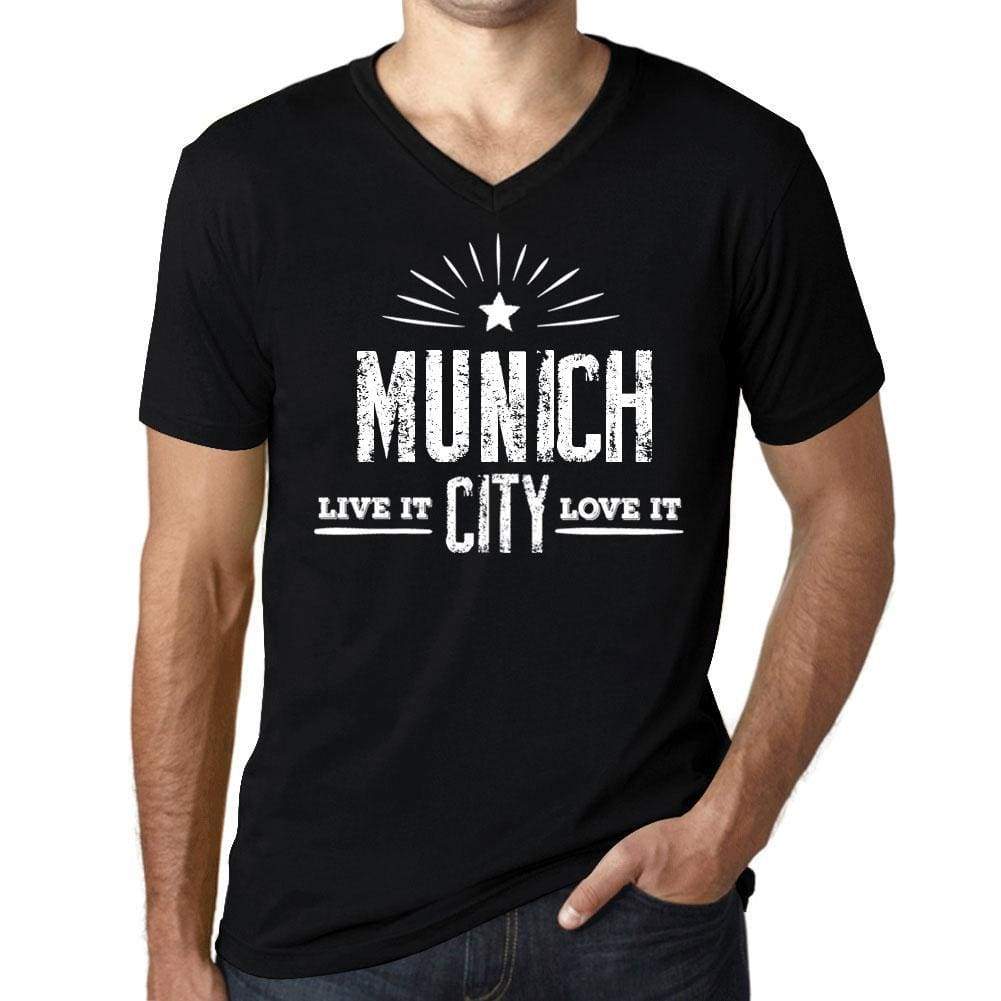 Mens Vintage Tee Shirt Graphic V-Neck T Shirt Live It Love It Munich Deep Black - Black / S / Cotton - T-Shirt