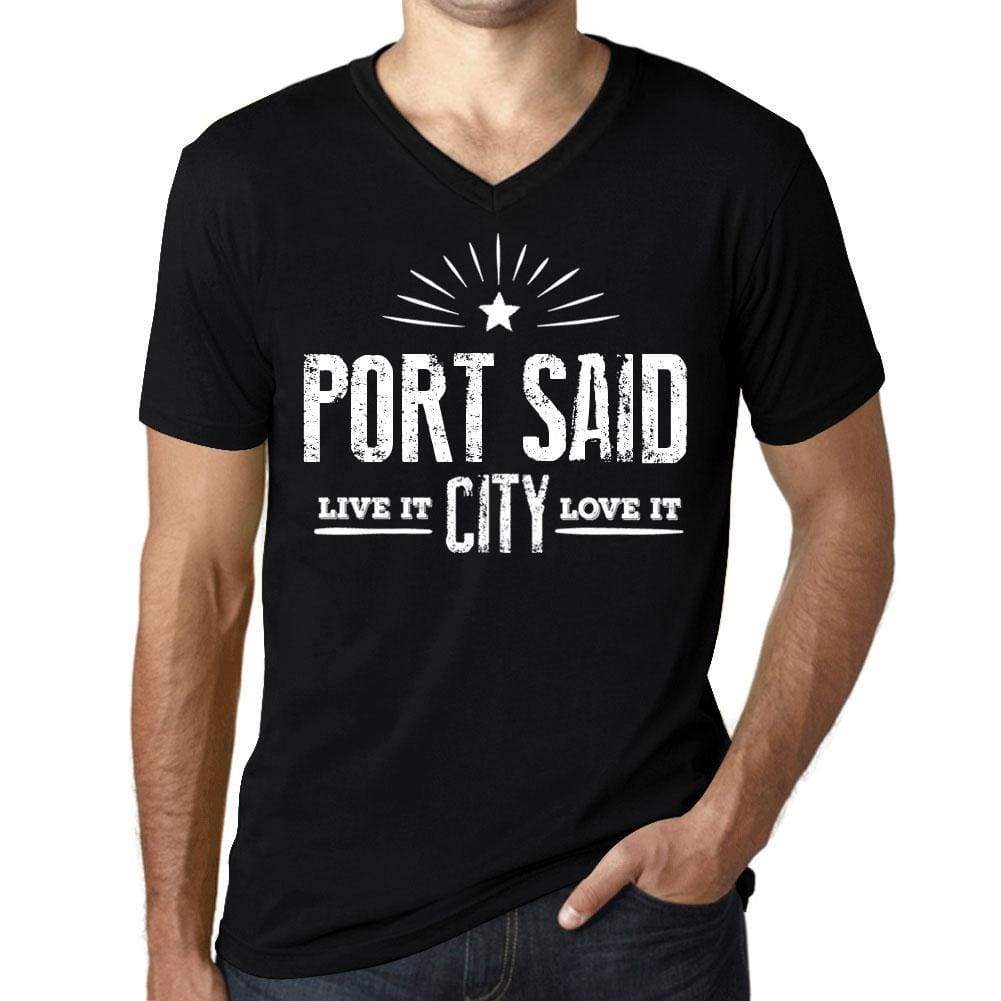 Mens Vintage Tee Shirt Graphic V-Neck T Shirt Live It Love It Port Said Deep Black - Black / S / Cotton - T-Shirt