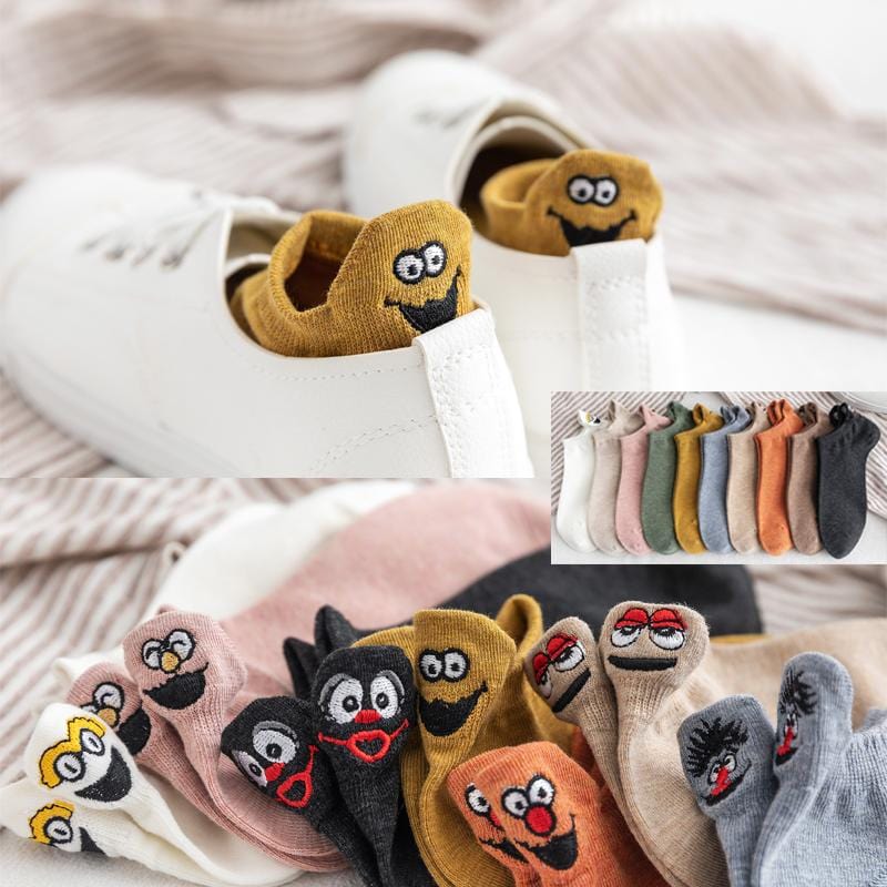 Kawaii bestickte Expression Damen Socken Baumwolle Harajuku Happy Funny Socken Damen Weihnachtsgeschenke Knöchel 1 Paar Größe 35-40