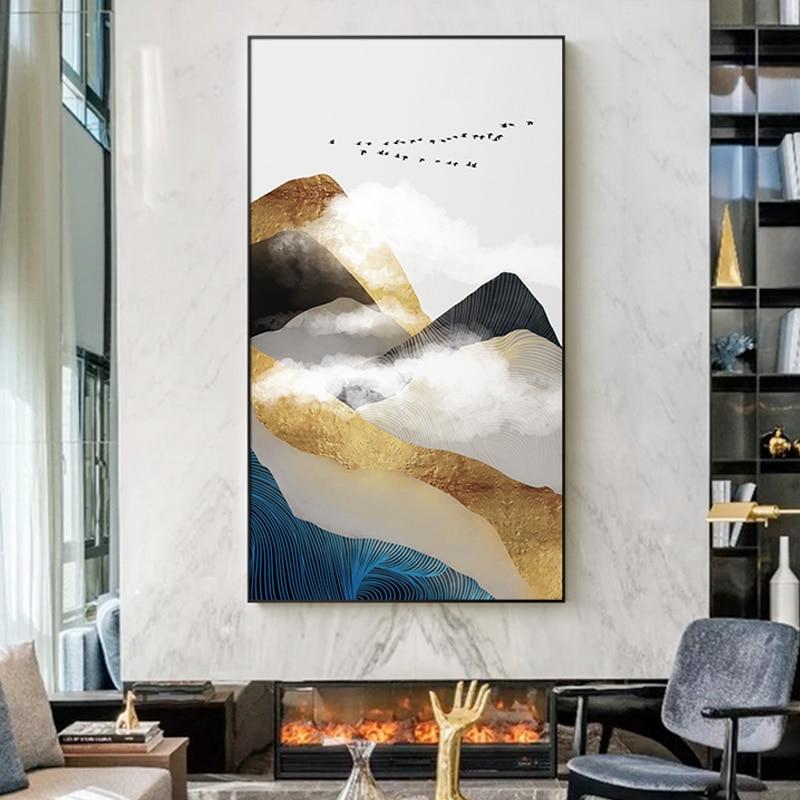 Toile de peintures abstraites de montagne dorée et de nuage blanc, tableau d'art mural pour salon, décoration de la maison, affiches et imprimés modernes