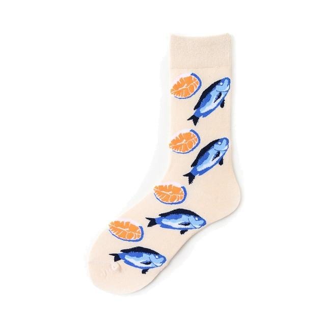 Nouveauté heureux drôle hommes chaussettes graphiques coton peigné Omelette grenouille fou Burger saumon maïs avocat oiseau poisson chaussette cadeau de noël