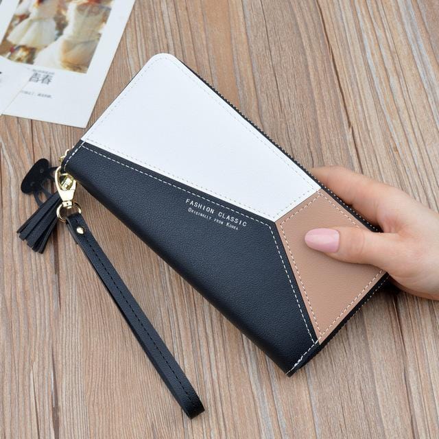 Geometric Women Wallets with Zipper Pink Phone Pocket Purse Card Holder Patchwork Women Long Wallet Lady Tassel Short Coin Purse