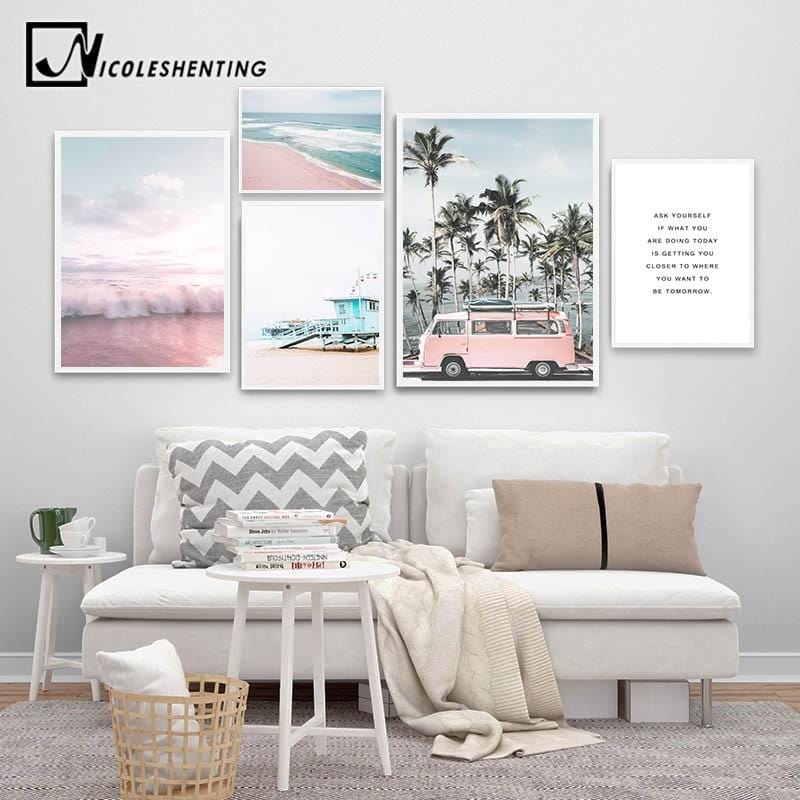 Ocean Landscape Canvas Poster Nordic Style Beach Pink Bus Wall Art Print Painting Decoration Picture Scandinavian Home Decor