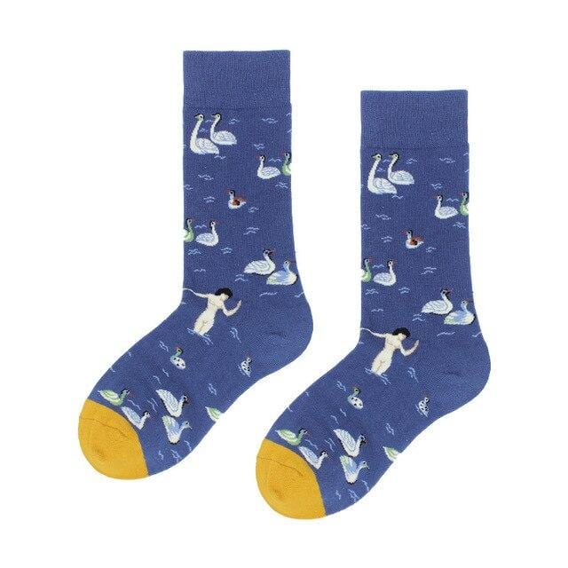 Coton heureux chaussettes femmes cygne paix pigeon oiseau animal chaussettes homme coloré picasso art chaussettes tribu primitive fou hommes chaussette drôle