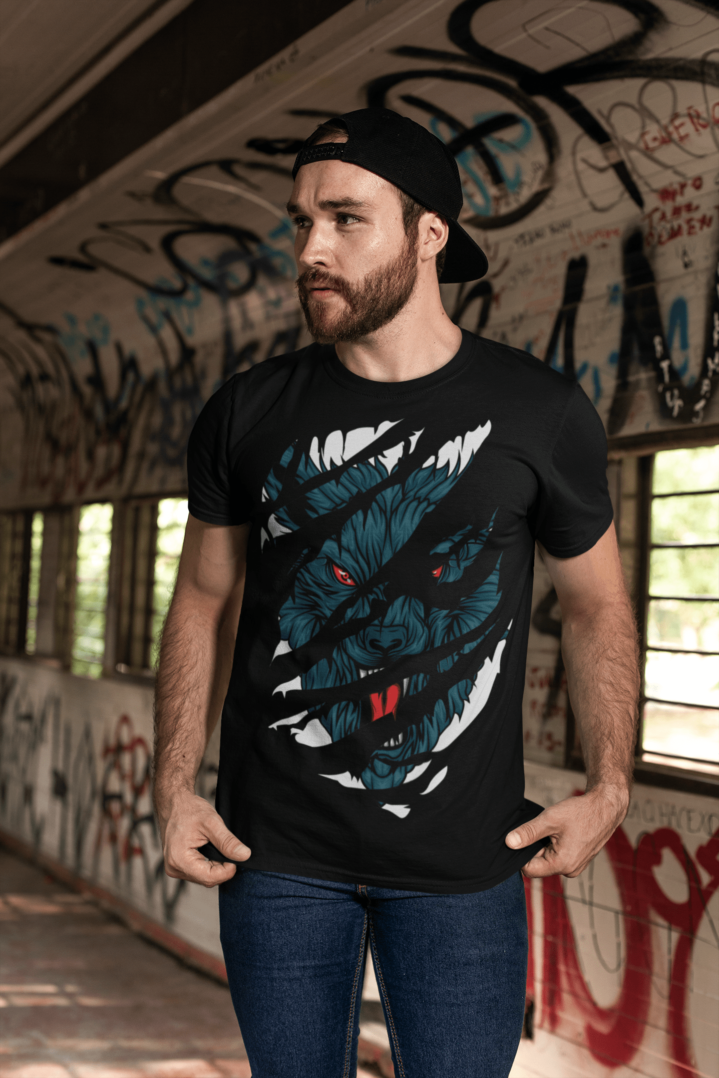 ULTRABASIC T-shirt déchiré pour hommes Angry Wolf - Yeux rouges - Chemise à manches courtes