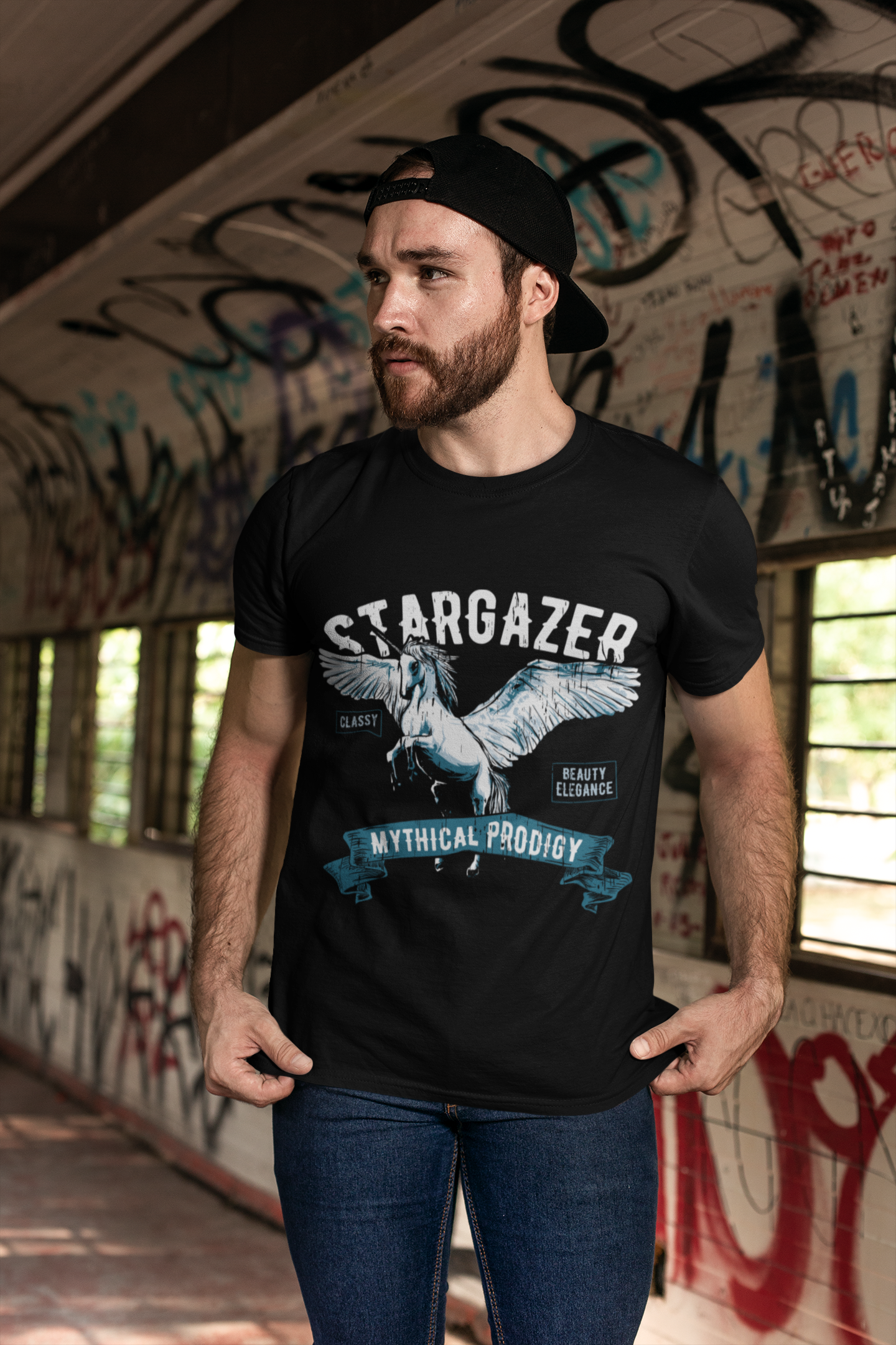 ULTRABASIC Herren-Grafik-T-Shirt Pegasus Einhorn – Stargazer – Mythisches Wunderkind
