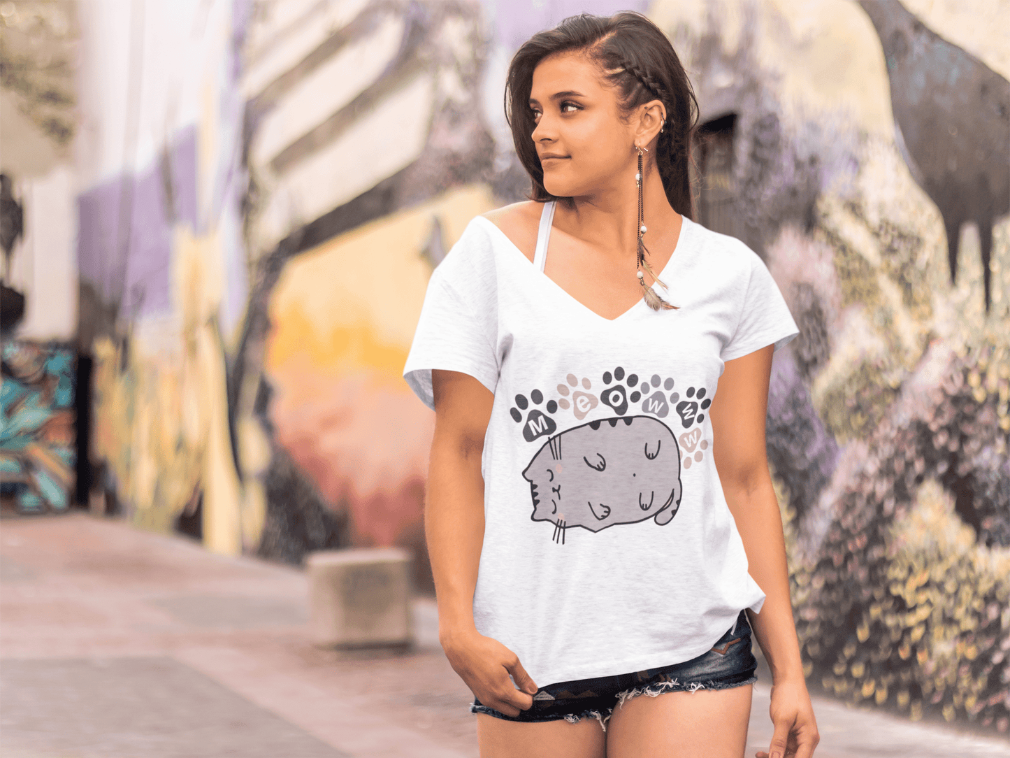 ULTRABASIC Damen-Grafik-T-Shirt Cat Meow – lustiges Kätzchen-Shirt für Katzenliebhaber