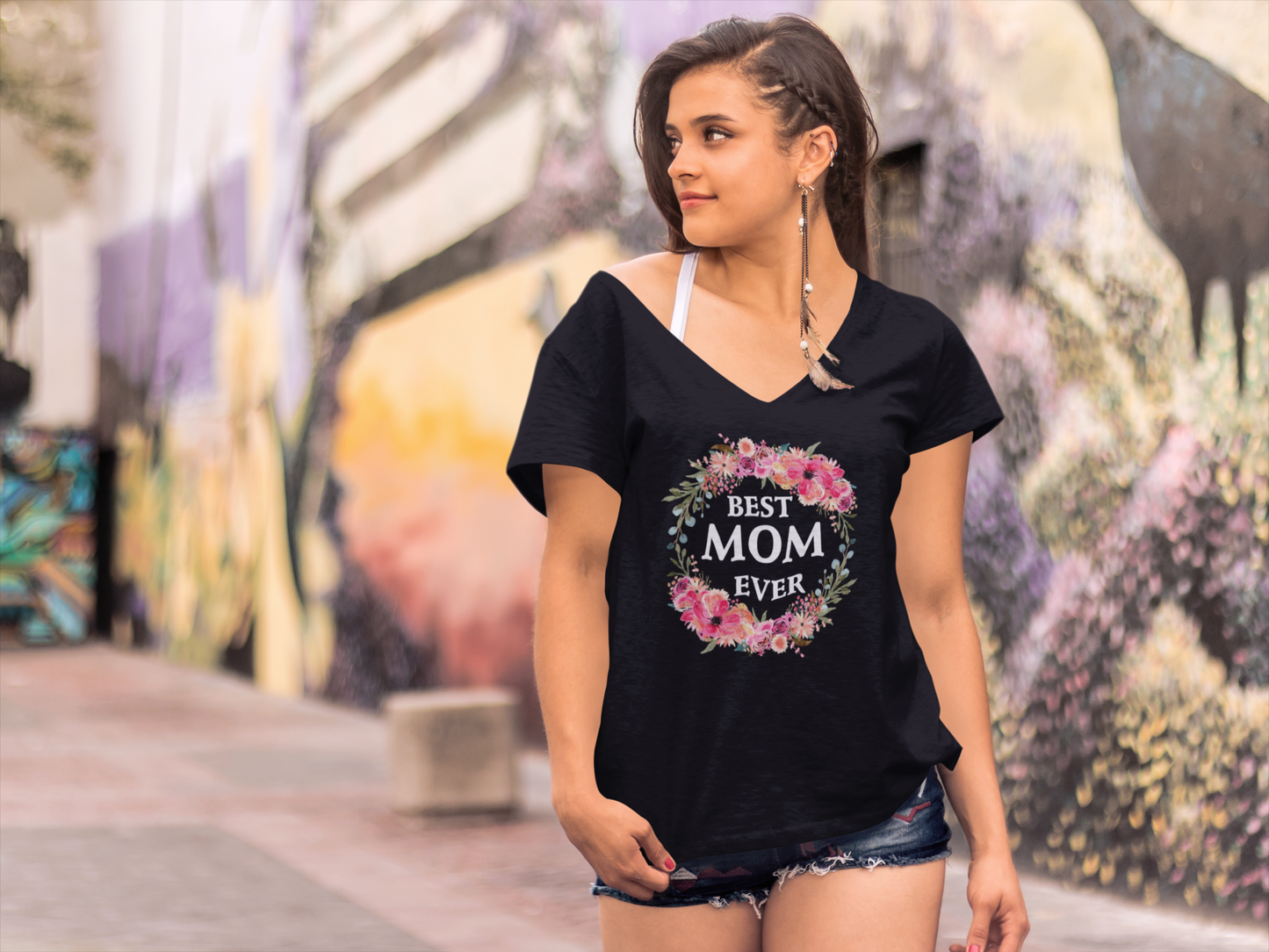 ULTRABASIC T-shirt col en V pour femme Best Mom Ever – T-shirt drôle pour femme