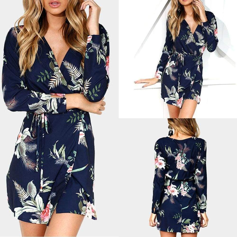 Womens Slit Floral Print V-Neck Long Sleeves Dress - Navy / L